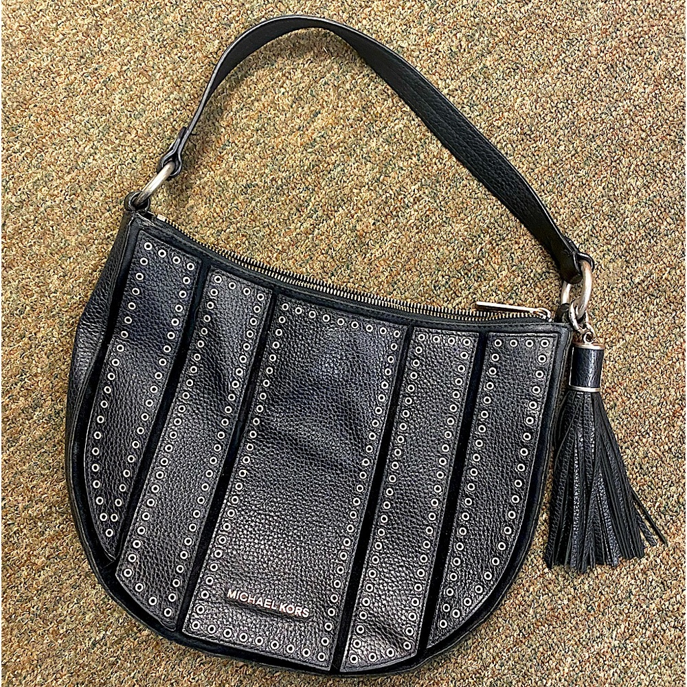RARE Michael Kors black leather medium size shoulder bag with tassle and studs.
